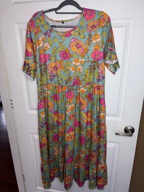 Floral Midi Dress in Aqua with Pink & Orange Blossom Print
